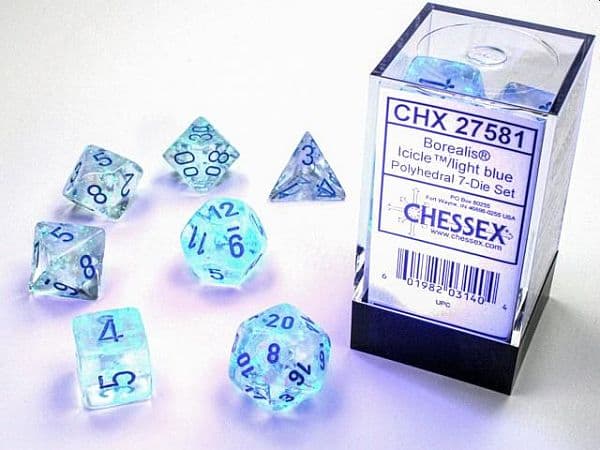 Dice - TerningesÃ¦t - 7 terninger - Borealis Polyhedral Luminary (Glow-in-the-Dark): Icicle With Light Blue