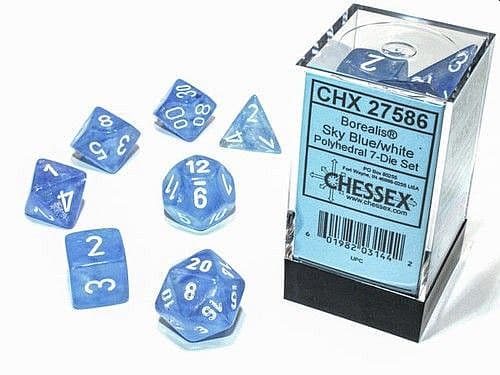 Dice - TerningesÃ¦t - 7 terninger - Borealis Polyhedral Luminary (Glow-in-the-Dark): Sky Blue With White