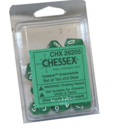Dice - Terningesæt - 10 terninger - Opaque D10 (10 Sidet) - Green With White