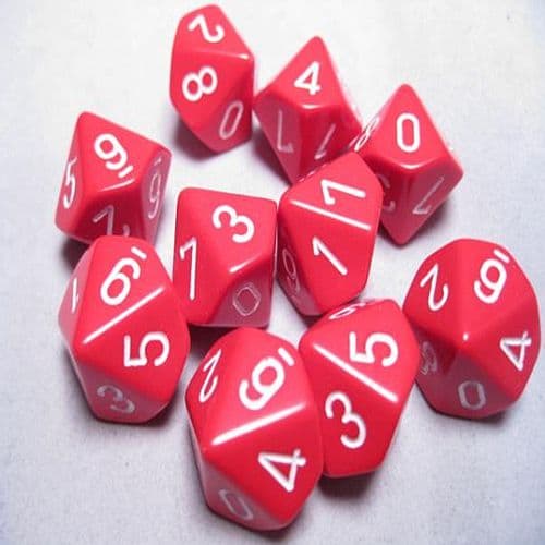 Dice - Terningesæt - 10 terninger - Opaque D10 (10 Sidet) - Red With White