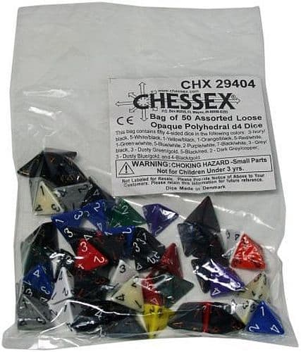 Dice - Chessex Opaque - Bag of 50 dice - Assorted Polyhedral d4 (4-Sidet) - Tilfældige