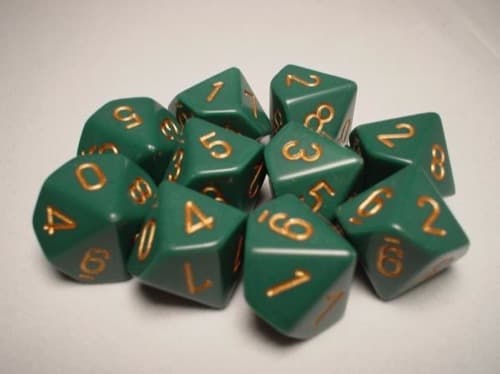 Dice - Terningesæt - 10 terninger - Opaque D10 (10 sidet) - Dusty Green with Gold