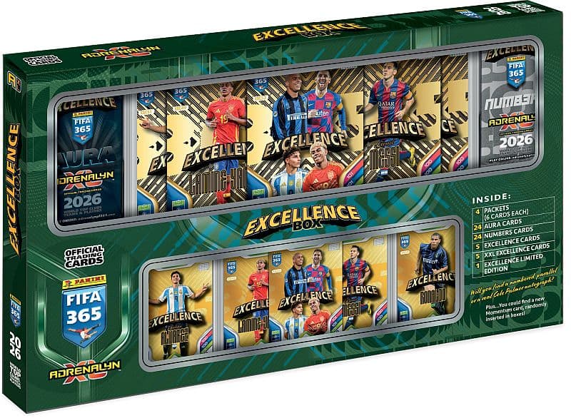Panini Adrenalyn XL: FIFA 365 2026 - Excellence Box - 4 Boosters, 53 Eksklusive Kort + 5 XXL Excellence-kort