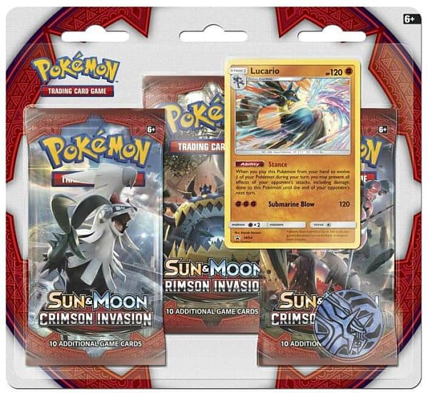 Pokemon Blister Pack - 3 Sun & Moon: Crimson Invasion Booster Pakker + Lucario Black Star Promo & Pokemon Mønt